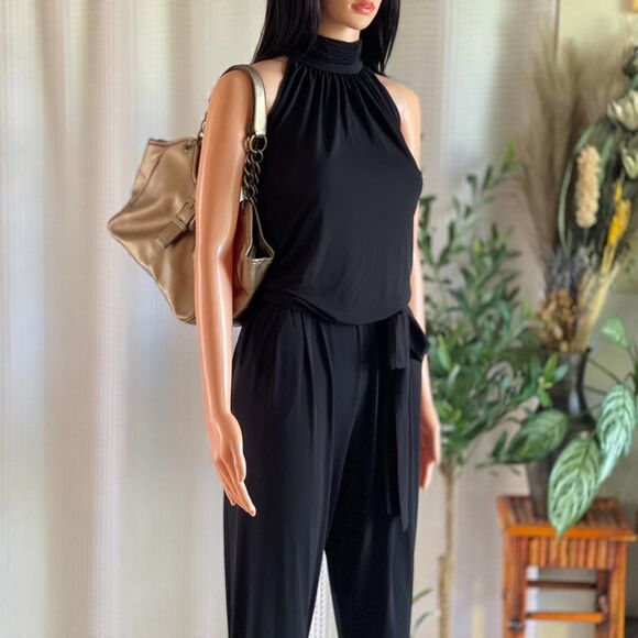 NWT Catherine Malandrino Black Halter Jumpsuit Romper Ruched Neck Maxi Size L - Picture 1 of 8